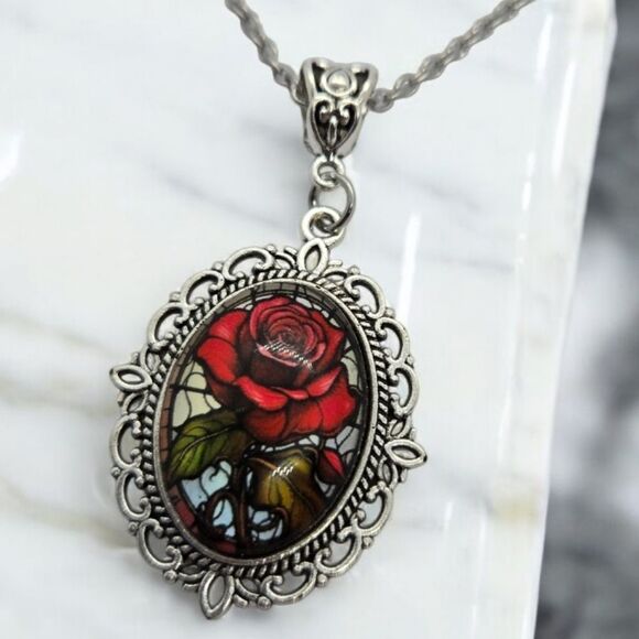 Mosaic Red Rose Portrait Cabochon Silver Glass Dome Victorian Goth Necklace - Picture 4 of 8